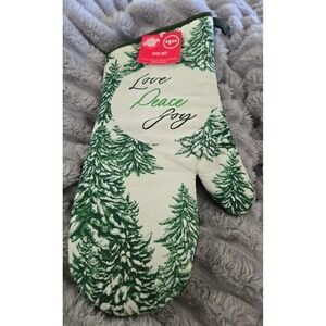 Christmas House Love Peace Joy Pine Tree Oven Mitt 100% Cotton Green White NWT